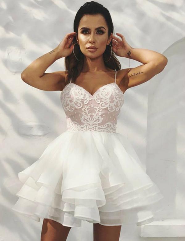 A-Line Spaghetti Straps White Organza Homecoming Cocktail Dress With Appliques cg550