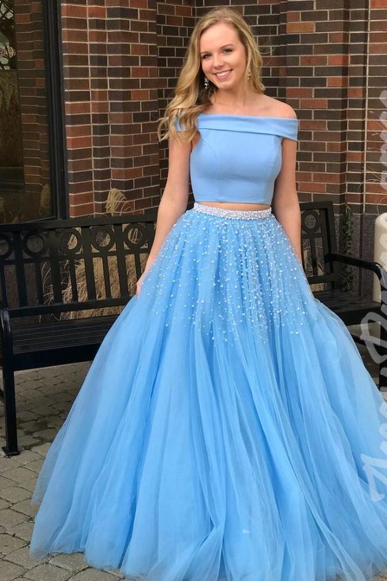 Two Piece Off-the-Shoulder Open Back Blue Prom Dress with Beading cg555