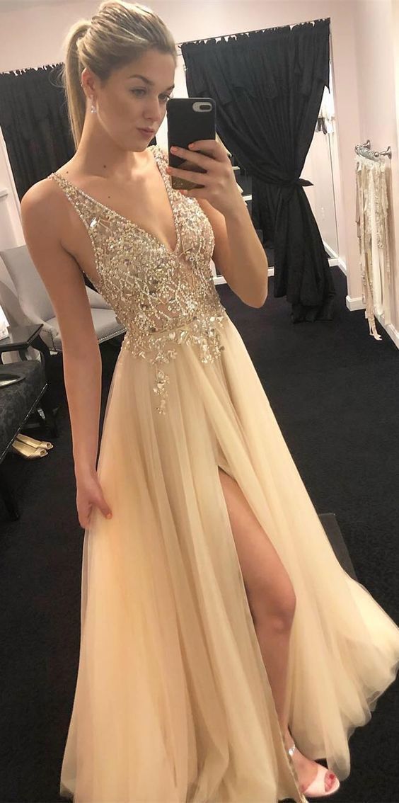 Deep V Neck Tulle Prom Dresses with Beaded Split Side cg557