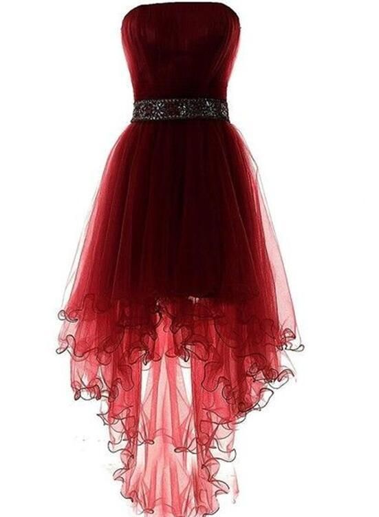 Wine Red Homecoming Dress, Burgundy High Low Party Dress with Beadings cg5639