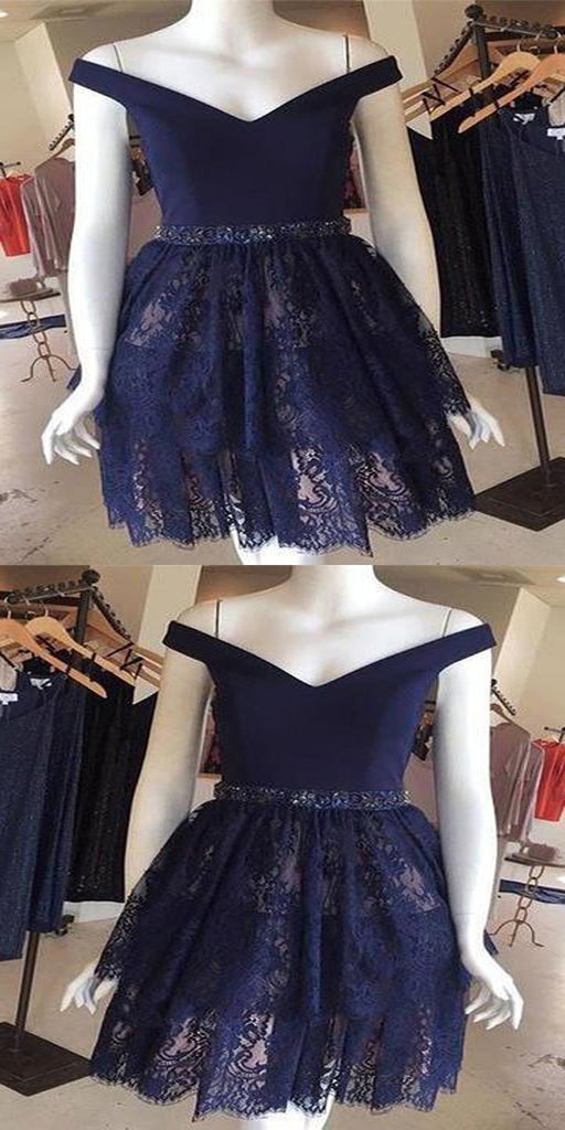 2019 A-Line Dark Navy Off Shoulder Lace Short Homecoming Dresses cg591