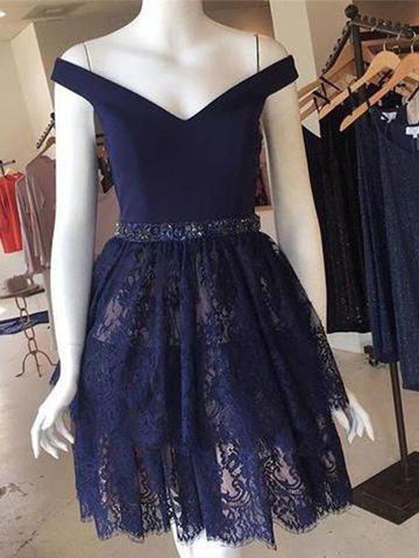 2019 A-Line Dark Navy Off Shoulder Lace Short Homecoming Dresses cg591