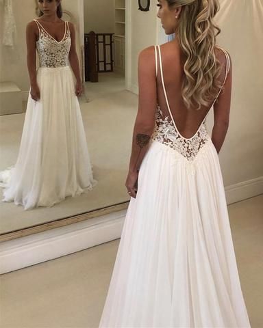 Charming See Through Lace Bodice Chiffon V-neck prom Dresses,Backless with Train Beach Wedding Dresses cg6055