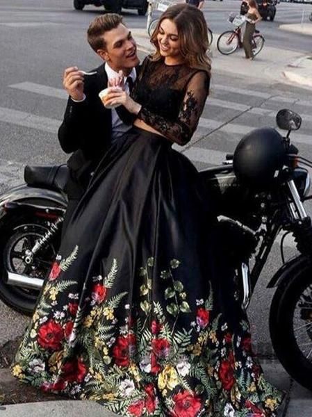 Two Piece Black Prom Dresses, Long Sleeve Prom Dresses, Open-back Prom Dresses, Appliques lace Prom Dresses cg639