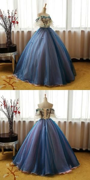 Elegant Off Shoulder Appliqued Ball Gown,A-Line Blue Organza Long Prom Dresses cg701