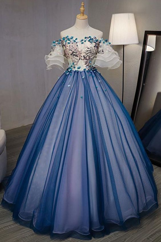 Elegant Off Shoulder Appliqued Ball Gown,A-Line Blue Organza Long Prom Dresses cg701