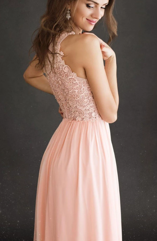 Pink round neck chiffon long prom dress lace pink evening dress cg7817