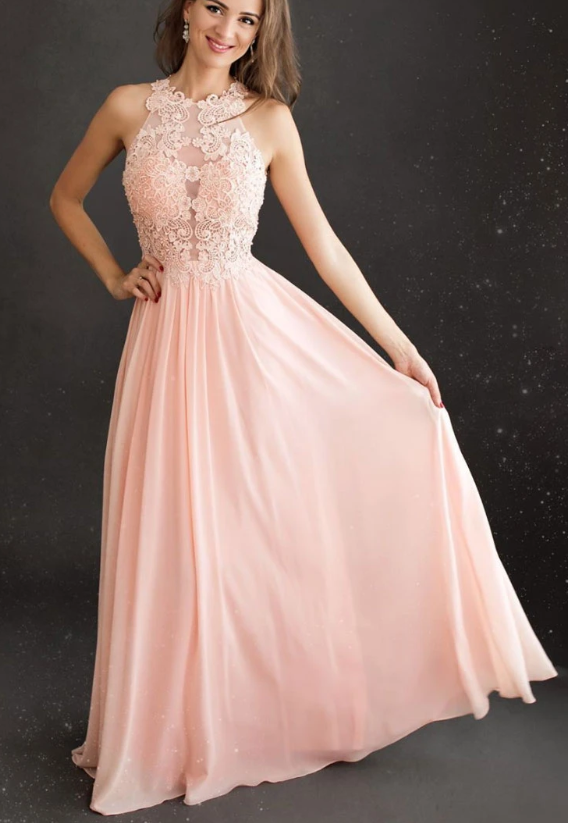 Pink round neck chiffon long prom dress lace pink evening dress cg7817