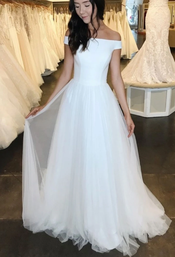 Simple white off shoulder long prom dress white tulle formal dress cg7823