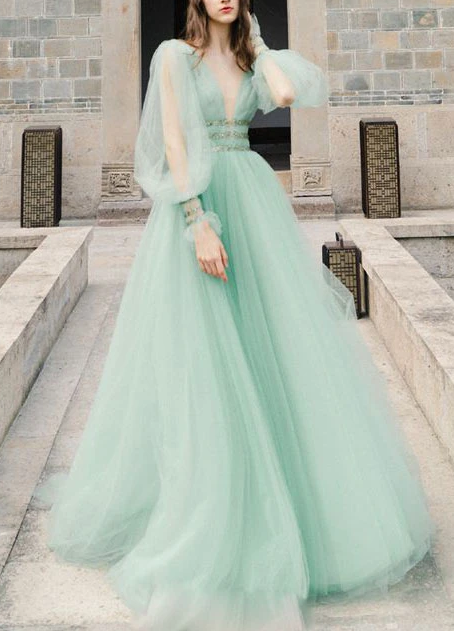 GREEN V NECK TULLE LONG PROM DRESS GREEN EVENING DRESS cg7827