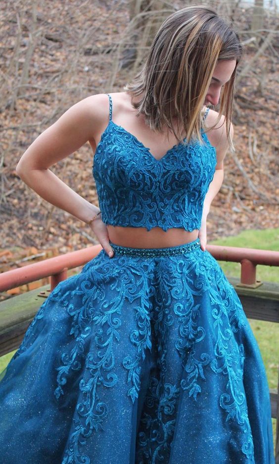 two piece long prom dresses, blue lace prom gowns, fashion prom dresses for teens cg7843