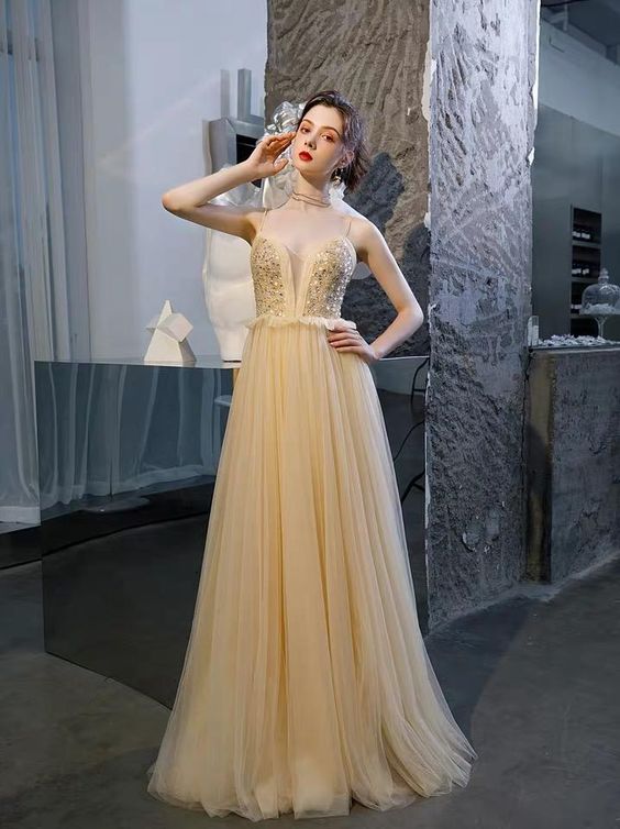 Champagne party dress spaghetti straps evening dress backless long prom dress tulle beads formal dress cg7851
