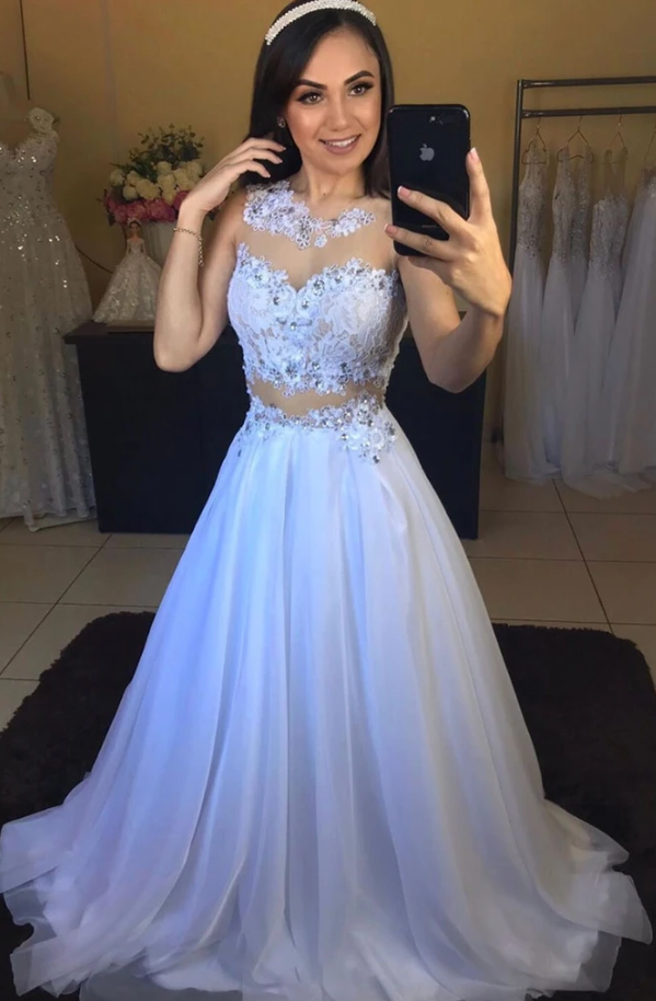 White round neck tulle lace long prom dress white formal dress cg7862