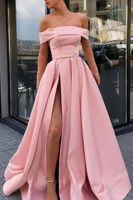 A Line Off the Shoulder Satin High Slit Yellow Prom Dresses, Long Formal Dresses cg7870