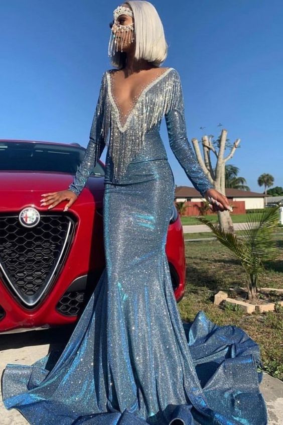 Mermaid Prom Dresses, Long Sleeve Prom Dresses, Sequined Prom Dresses, Blue Prom Dresses, Sexy Prom Dresses cg7880