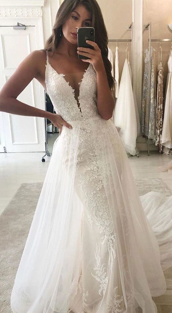 Charming V neck White Appliques Prom Dress, Tulle Mermaid Evening Dress cg7898