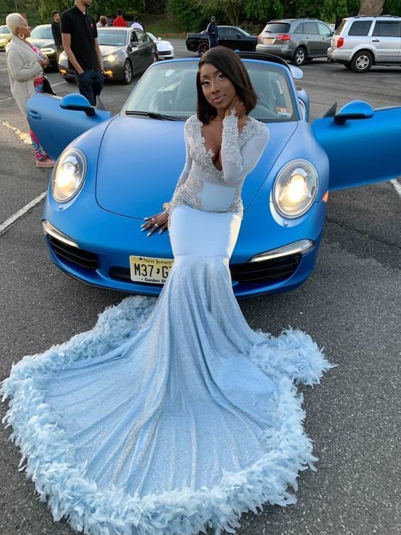 Sexy African Long Sleeve Mermaid Prom Dress Feathers Formal Evening Dresses Party Gowns cg7906
