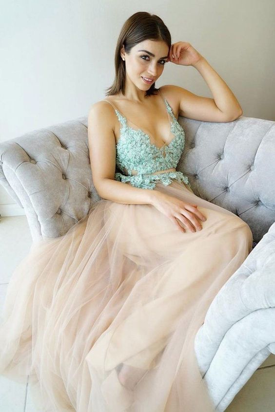 Champagne Tulle Prom Dress with Lace Bodice,Deep V-Neck Lace Evening Dress, Long Prom Dresses, Prom Gown cg7921