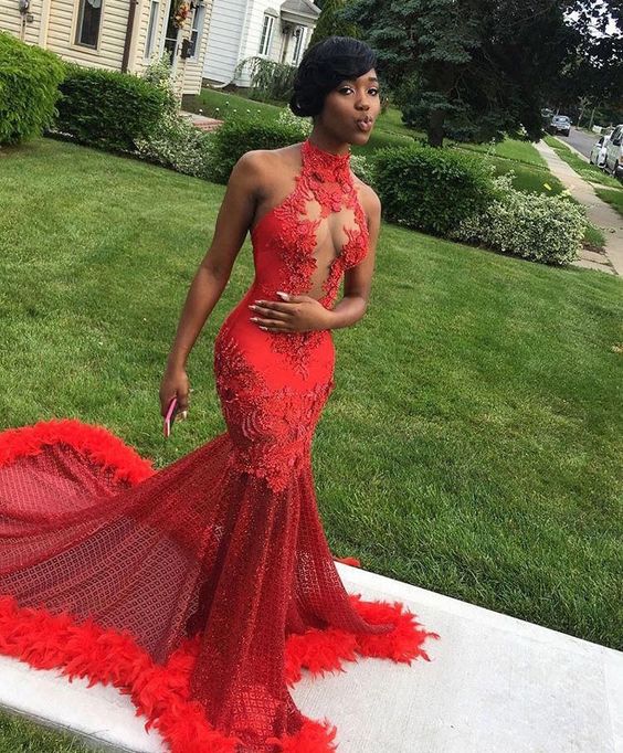 high neck red mermaid prom dresses with appliques cg7950