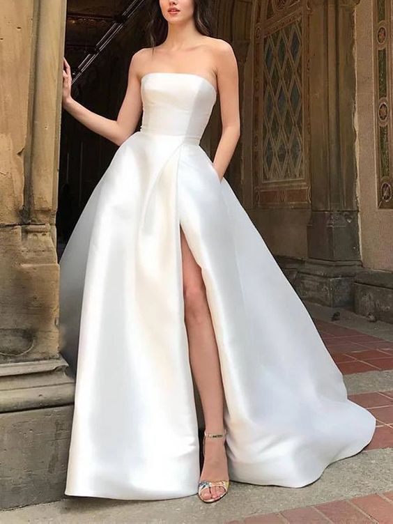 Sweet Strapless Pure Colour High-Waisted Slit Dress cg7961