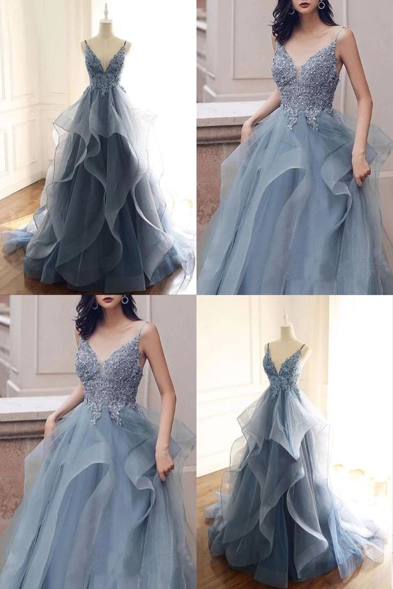 A-line V-neck Tulle Appliques Long Prom Dress Formal Evening Gowns cg7963