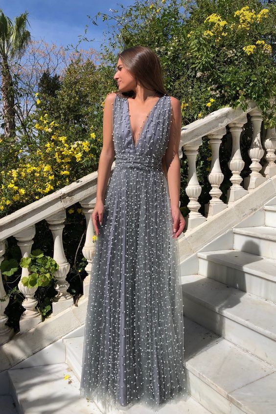 Gorgeous Grey Tulle V Neck Long Prom Dress For Teens, Evening Dress cg7991