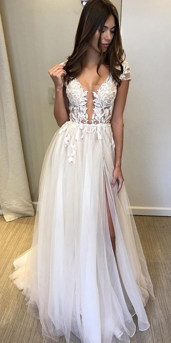 Cap Sleeve Deep V-neck Prom Dress With Appliques Sexy Split Wedding Dresses cg8006