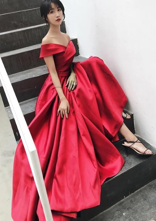 Beautiful Red Satin Off Shoulder Long Party Dress, Red Prom Dress cg8014