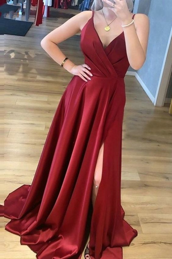A Line V Neck Burgundy Satin Long Prom Dresses, Wine Red Satin Formal Evening Dresses cg8025