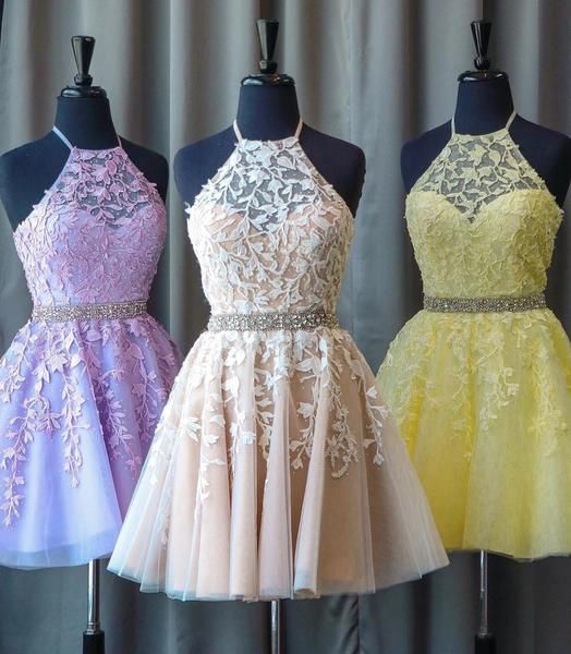 Open Back High Neck Light Yellow Lace Short Dress Homecoming Dresses cg8044