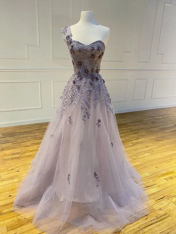 A-line One Shoulder Appliques Long Prom Dresses With Flowers cg8083