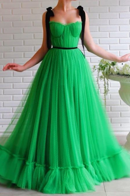 A-line Black Straps Sage Long Charming Prom Dresses Tulle Evening Dress cg8089