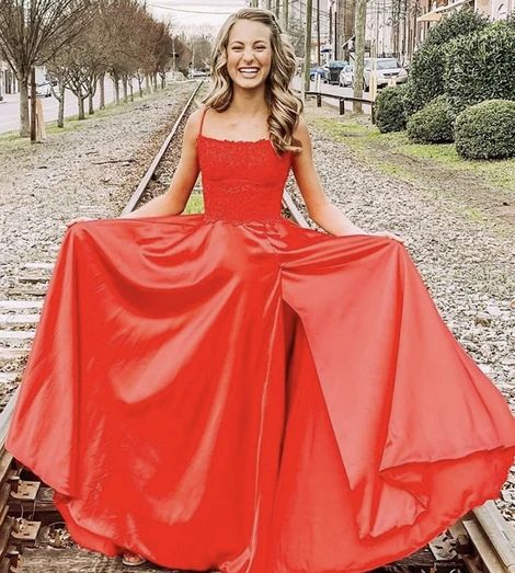 Red satin lace long prom dress evening dress cg8100