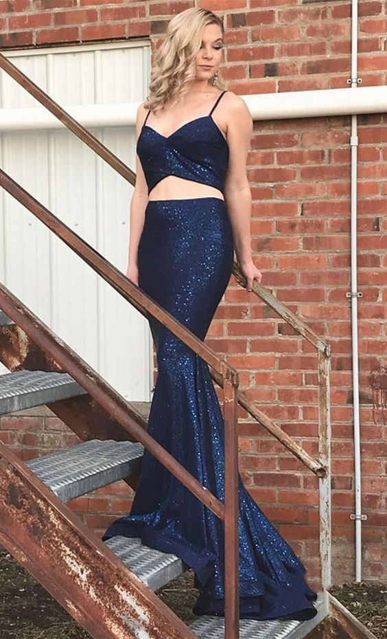 Two piece blue prom dresses, sexy mermaid prom dresses, shiny evening party dresses cg8127