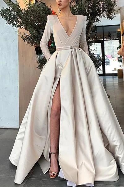 Elegant Fashion Slim Color Block Long Sleeve Fork Prom Dress cg8167