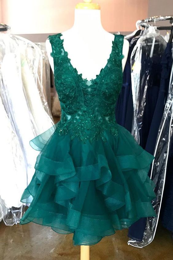 Princess Flounced Dark Green Homecoming Dress with Lace cg8170