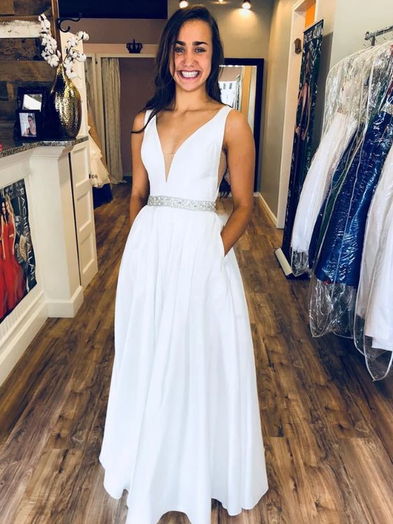 White V Neck Long Prom Dresses, V Neck Long Formal Evening Dresses cg8282