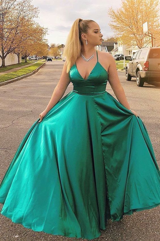 V neck Simple Long Prom Dress, Green Evening Dress cg8395