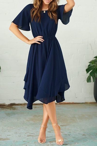 Round Neck Flared Sleeves Navy Prom Dress cg8525