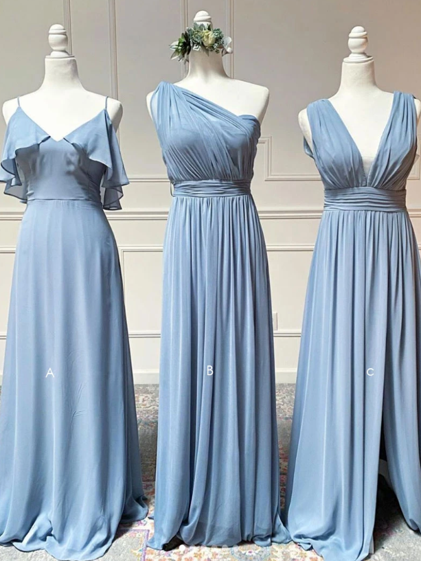 Simple blue chiffon long prom dress blue chiffon bridesmaid dress cg8773