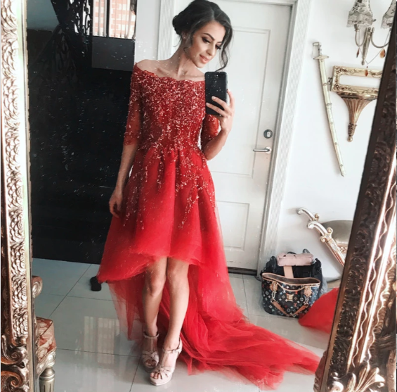 Lace Beaded Tulle Front Short Long Back Prom Dress With Sleeves cg9304