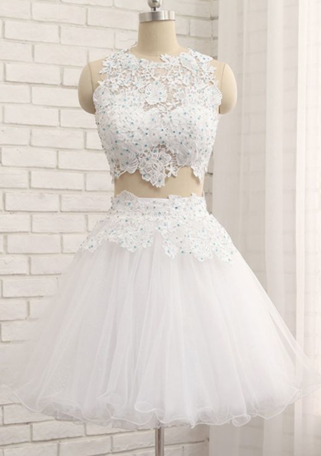 White Tulle Short Two Pieces Homecoming Dress, Lace Dress cg931