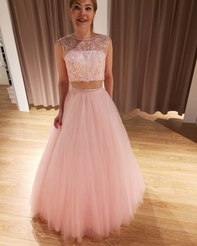 Pink Prom Dress,Tulle Prom Gown,Two Pieces Evening Dress,Beading Prom Gown cg9444
