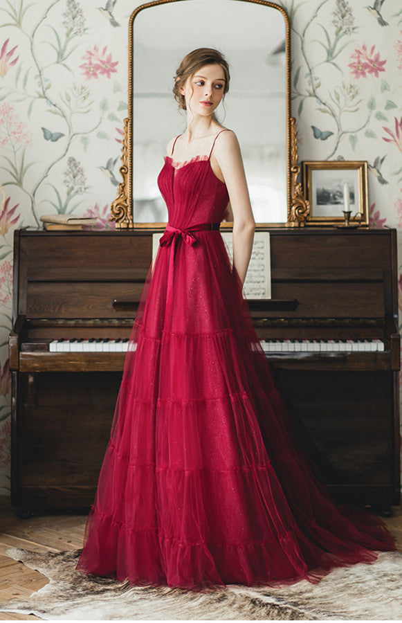 Red Prom Dress,A-Line Prom Gown, Spaghetti Straps Prom Dress, Tulle Prom Gown cg9458