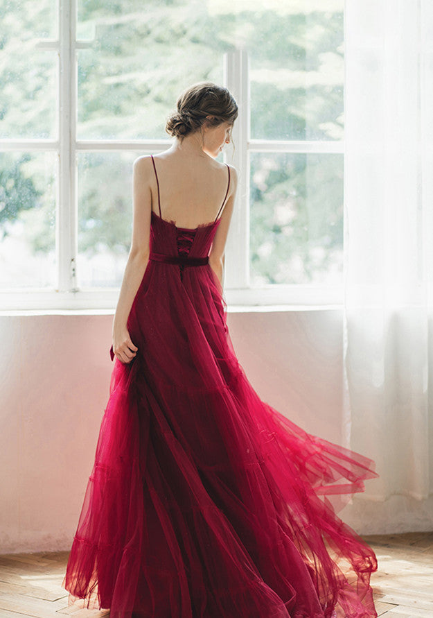 Red Prom Dress,A-Line Prom Gown, Spaghetti Straps Prom Dress, Tulle Prom Gown cg9458