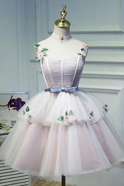 Cute Pink Spaghetti Straps Ball Gown Tulle Homecoming Dresses Short Flowers Dance Dresses cg9647