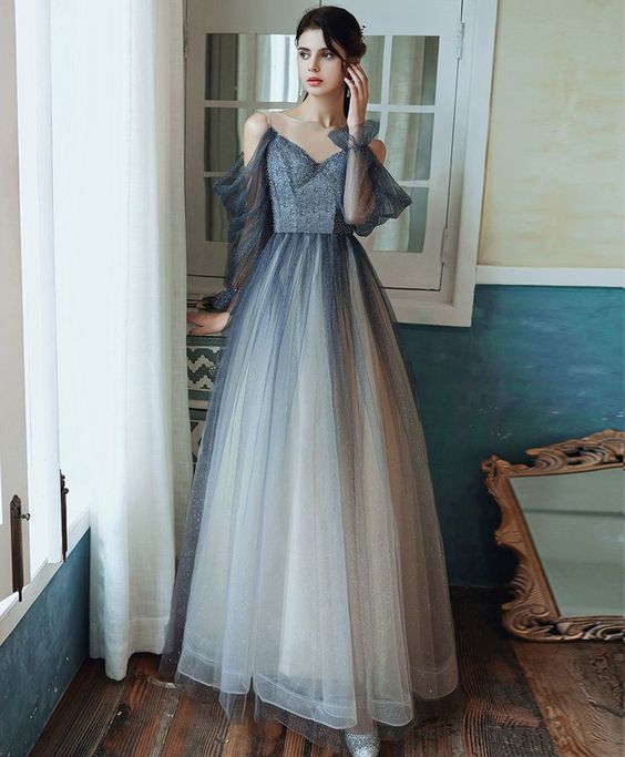 2021 Blue tulle sequin long prom dress blue tulle formal dress cg9737