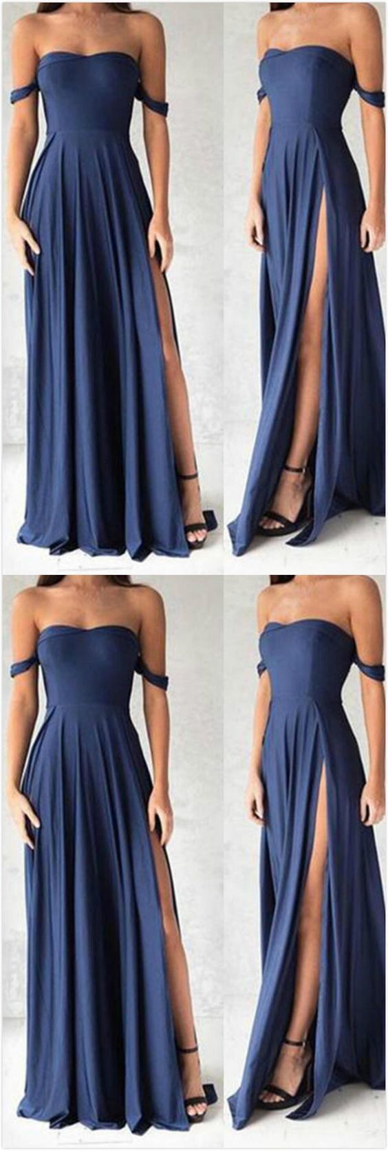 Sexy Off-Shoulder Prom Dress, Navy Blue Chiffon Prom Dress, Slit Side Prom Dress cg983