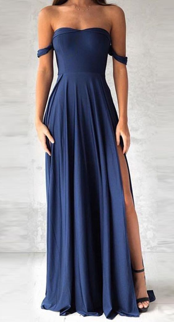 Sexy Off-Shoulder Prom Dress, Navy Blue Chiffon Prom Dress, Slit Side Prom Dress cg983