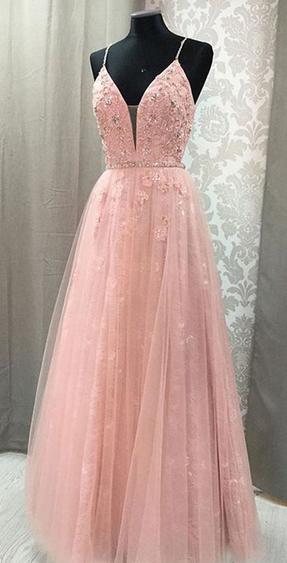 Pink Prom Dress,Tulle Prom Gown,Appliques Prom Dress,lace Prom Gown cg986